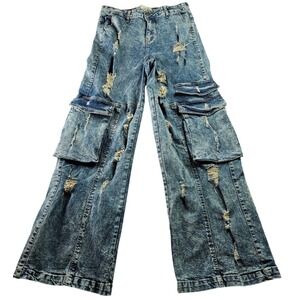 SPOON JEANS Distressed Women's Large Blue Cargo Jeans Wide Leg Hipster‎